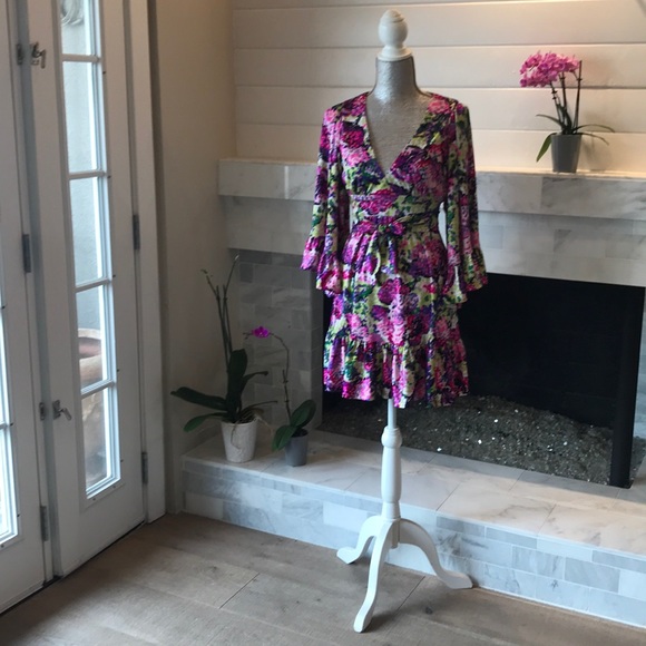 Betsey Johnson Dresses & Skirts - Just Reduced!  Betsey Johnson Boho Bell Sleeve Purple Floral Dress 6 EUC